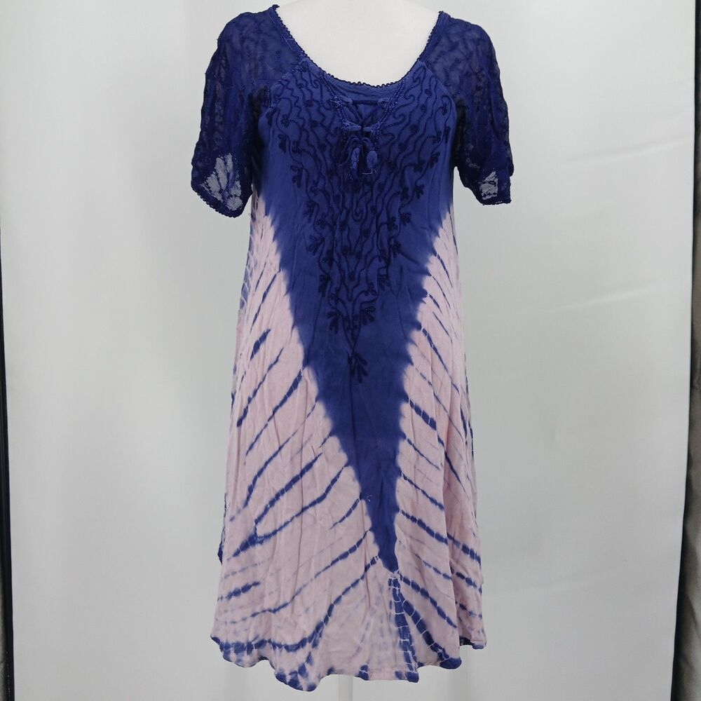 womans S.R. Fashion Blue Tie-Dye Asymmetrical Hem V-Neck Dress free size large